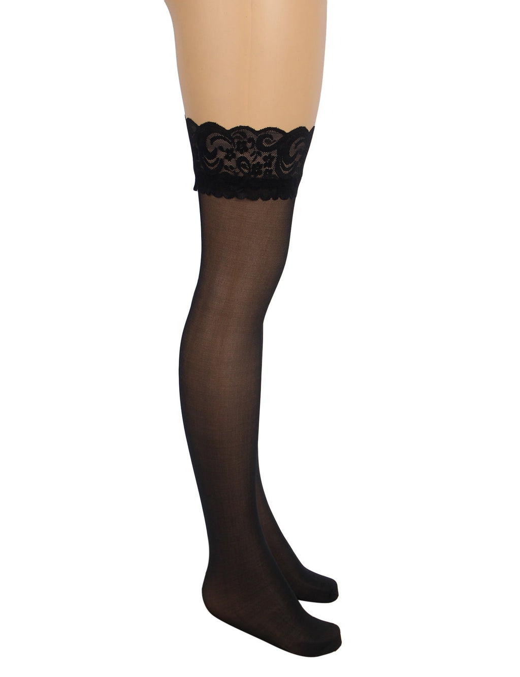 Black Vertical - Stripe Stockings with Lace Trim & Silicone Band - TeaseFashion