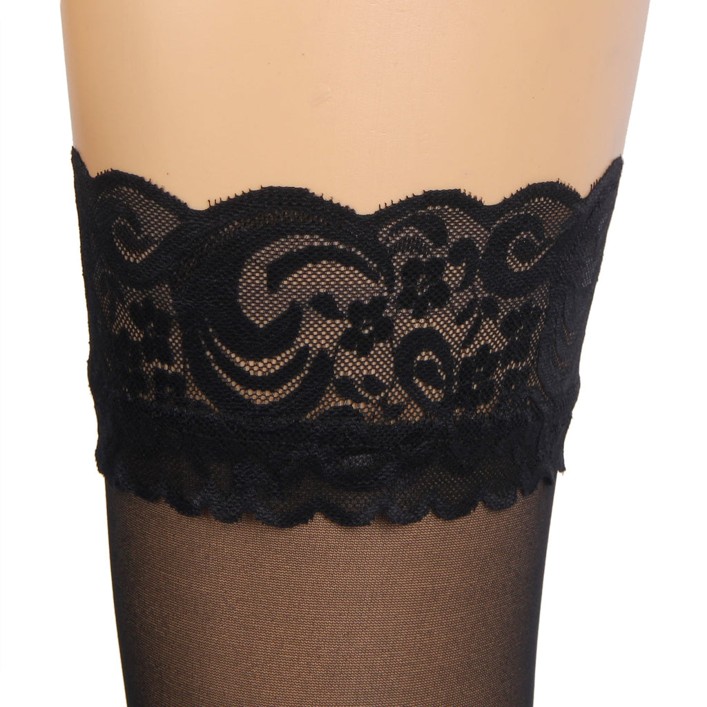 Black Vertical - Stripe Stockings with Lace Trim & Silicone Band - TeaseFashion