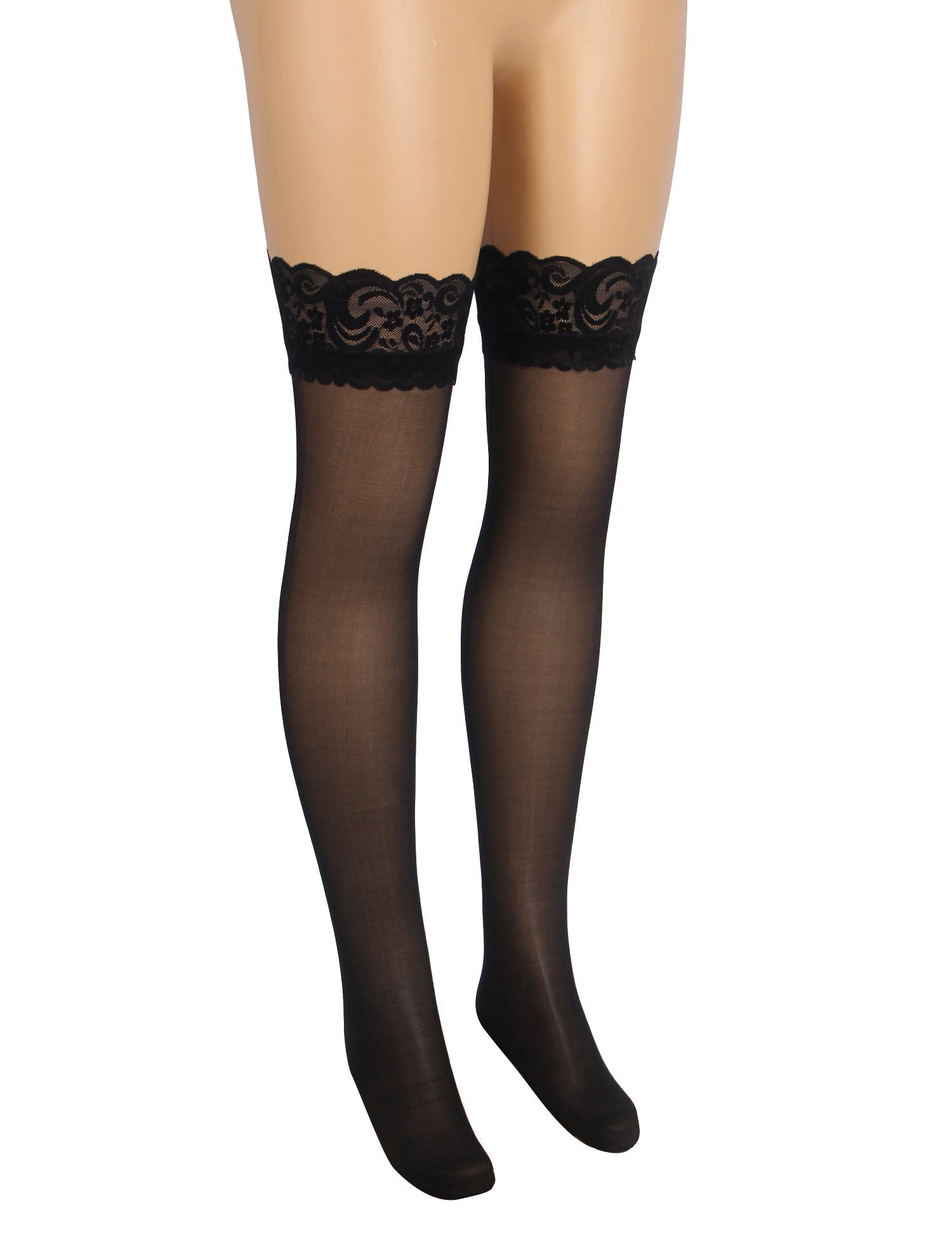 Black Vertical - Stripe Stockings with Lace Trim & Silicone Band - TeaseFashion