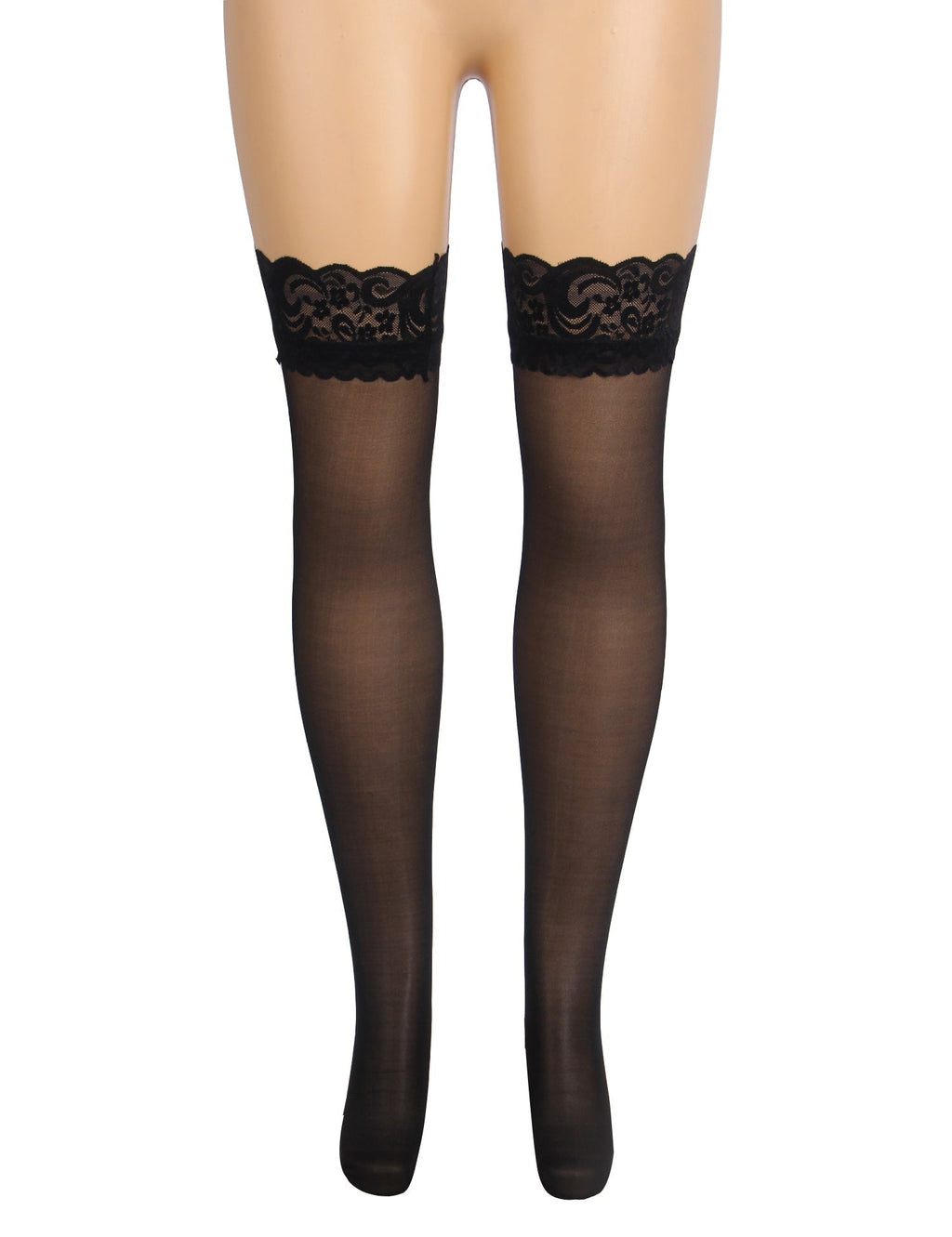 Black Vertical - Stripe Stockings with Lace Trim & Silicone Band - TeaseFashion