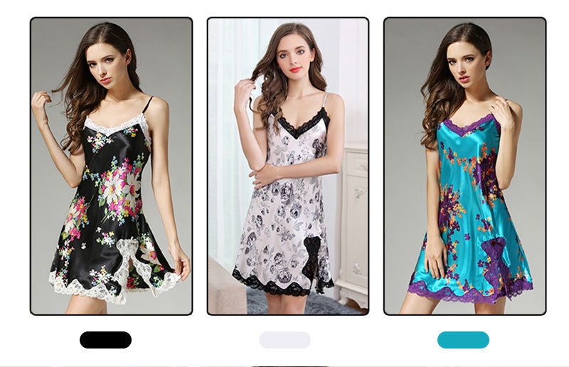Black with Pink Floral Print Real Silk Suspender Dress Pajamas Nightwear - TeaseFashion