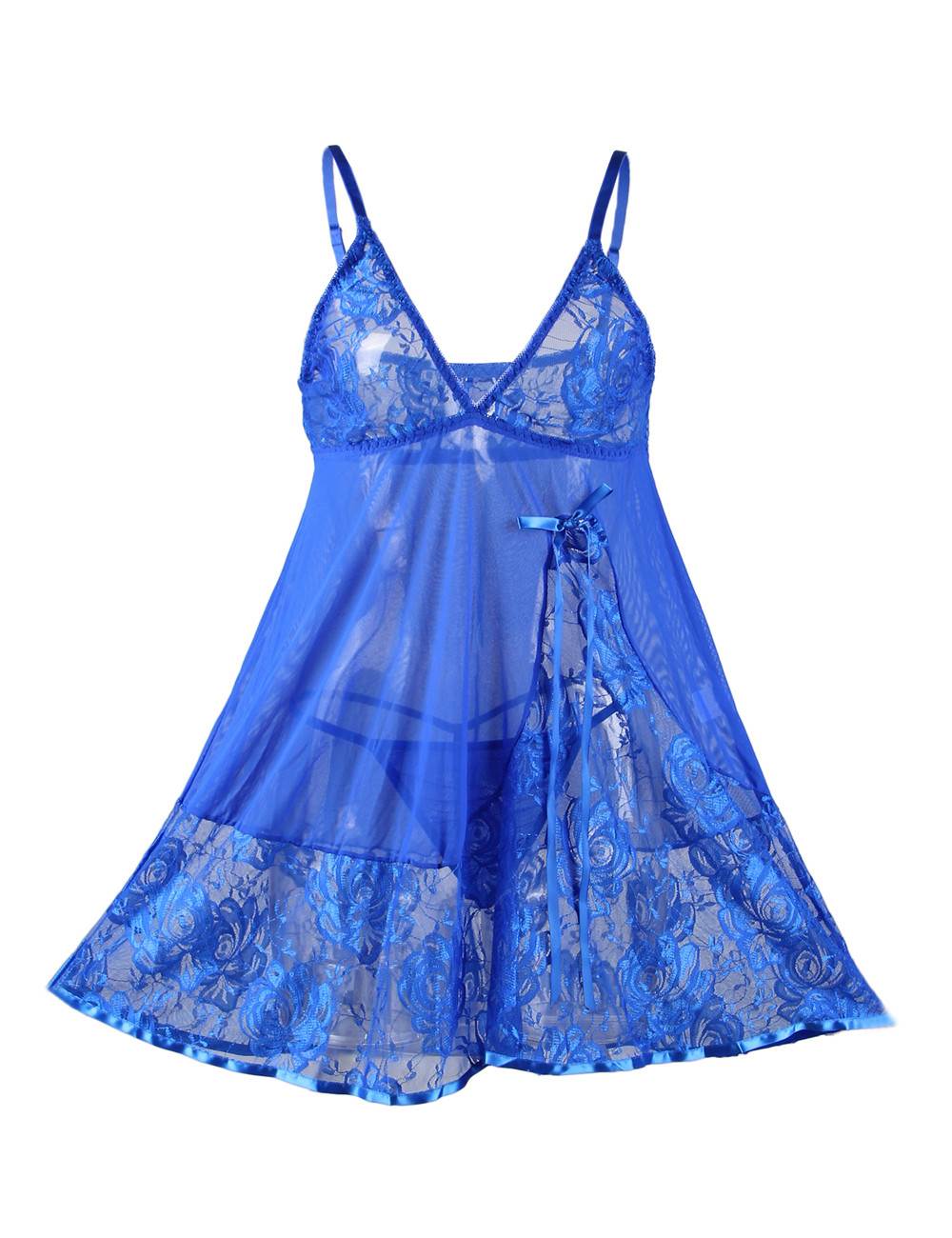 Blue Deep V - Neck Butterfly Lace & Mesh Babydoll & Thong Set - TeaseFashion