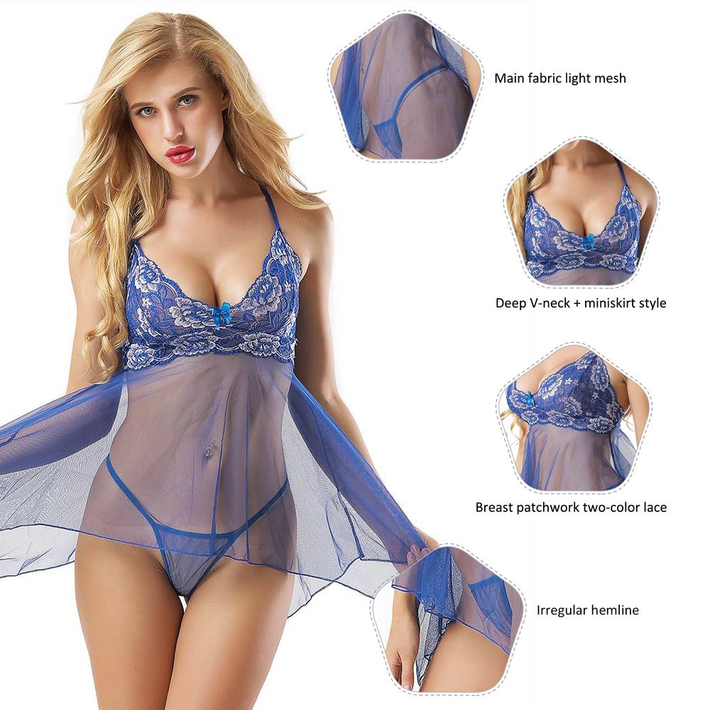 Blue Deep V - Neck Double - Colour Lace - Border Mesh Chemise & G - String Set - TeaseFashion