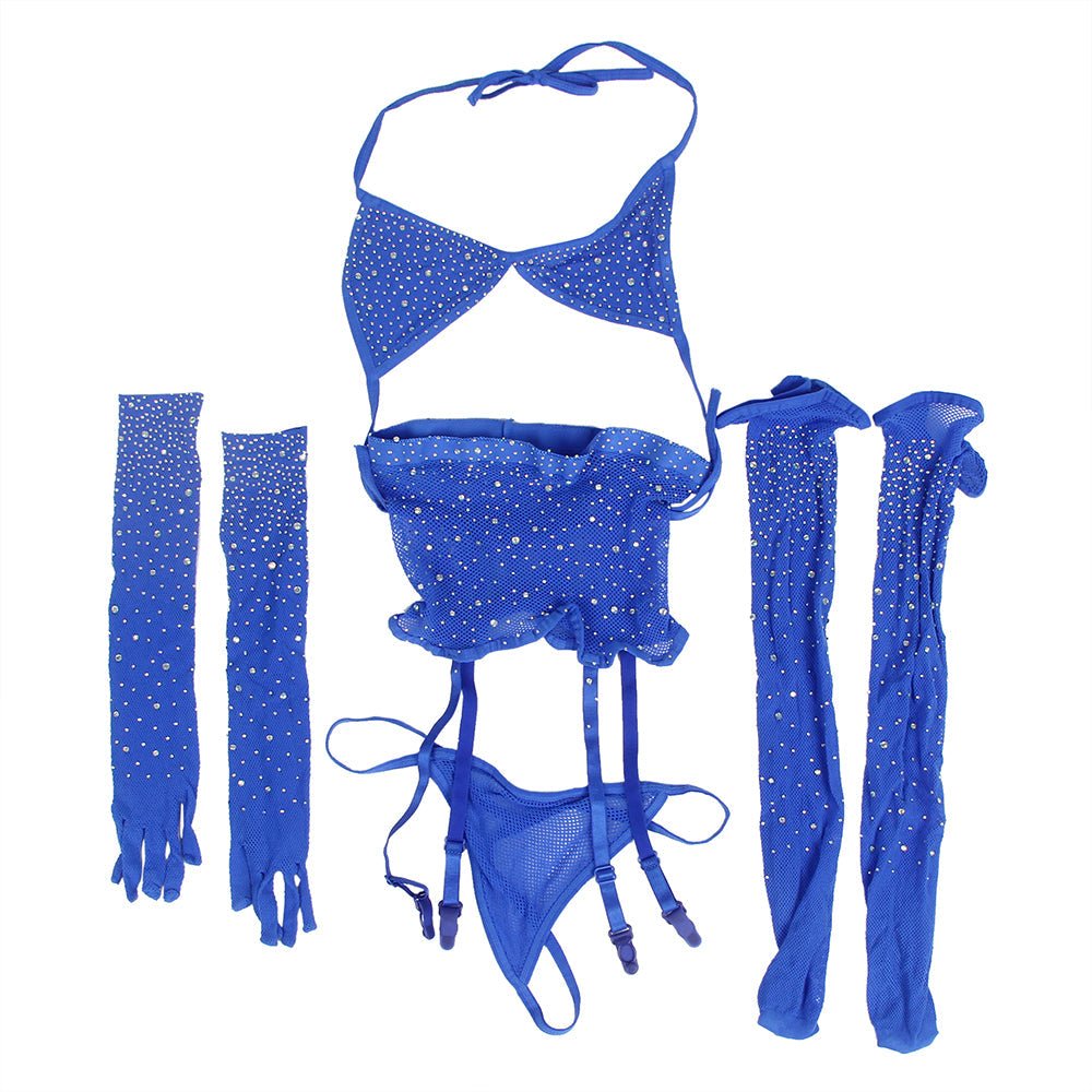 Blue Diamond Fishnet Halter - Neck Bodystocking Set with Gloves & Stockings - TeaseFashion