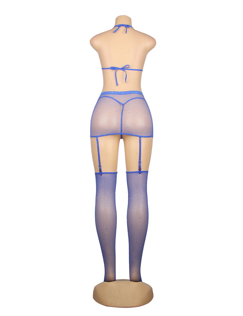 Blue Diamond Fishnet Halter - Neck Bodystocking Set with Gloves & Stockings - TeaseFashion