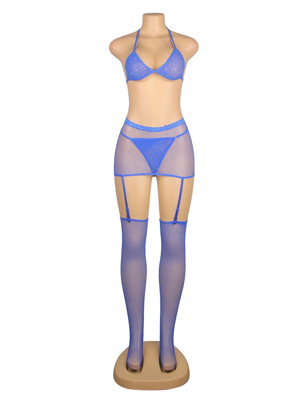 Blue Diamond Fishnet Halter - Neck Bodystocking Set with Gloves & Stockings - TeaseFashion