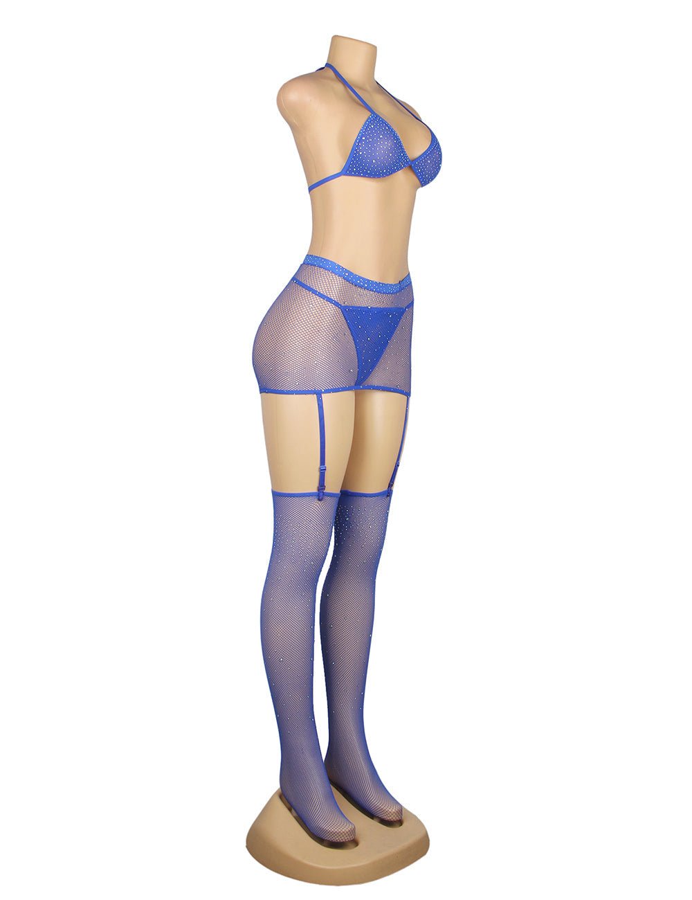 Blue Diamond Fishnet Halter - Neck Bodystocking Set with Gloves & Stockings - TeaseFashion