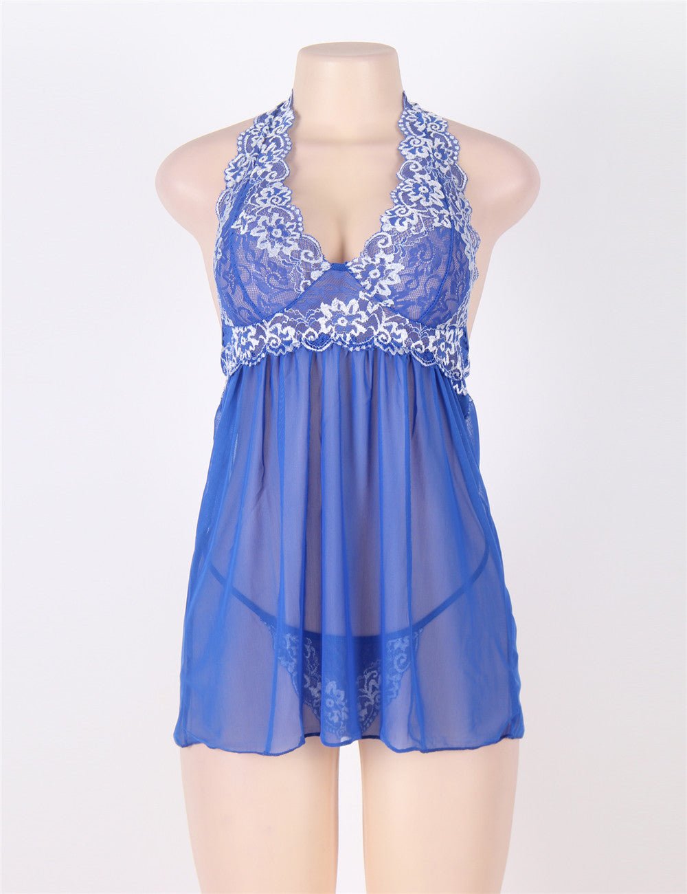 Blue Double - Colour Lace - Trim Halter Mesh Babydoll & Thong Set - TeaseFashion