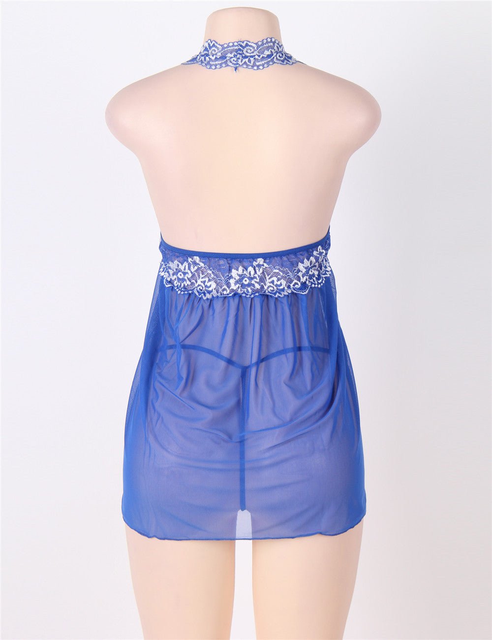 Blue Double - Colour Lace - Trim Halter Mesh Babydoll & Thong Set - TeaseFashion