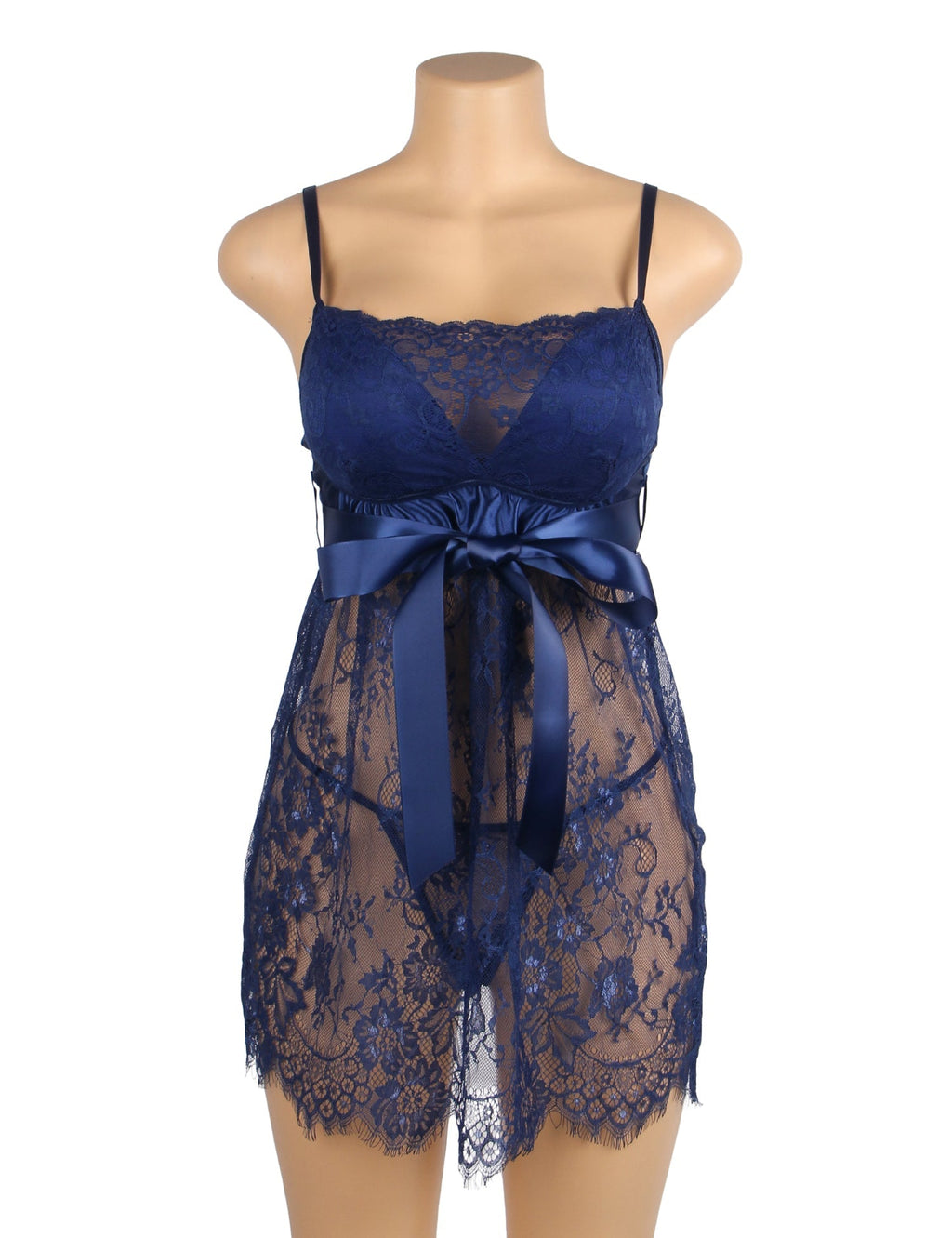 Blue Eyelash Lace Babydoll with Padded Cups, Wave Hem, Underbust Ribbon Bow & T - Back Set - TeaseFashion
