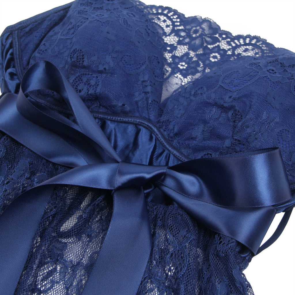 Blue Eyelash Lace Babydoll with Padded Cups, Wave Hem, Underbust Ribbon Bow & T - Back Set - TeaseFashion