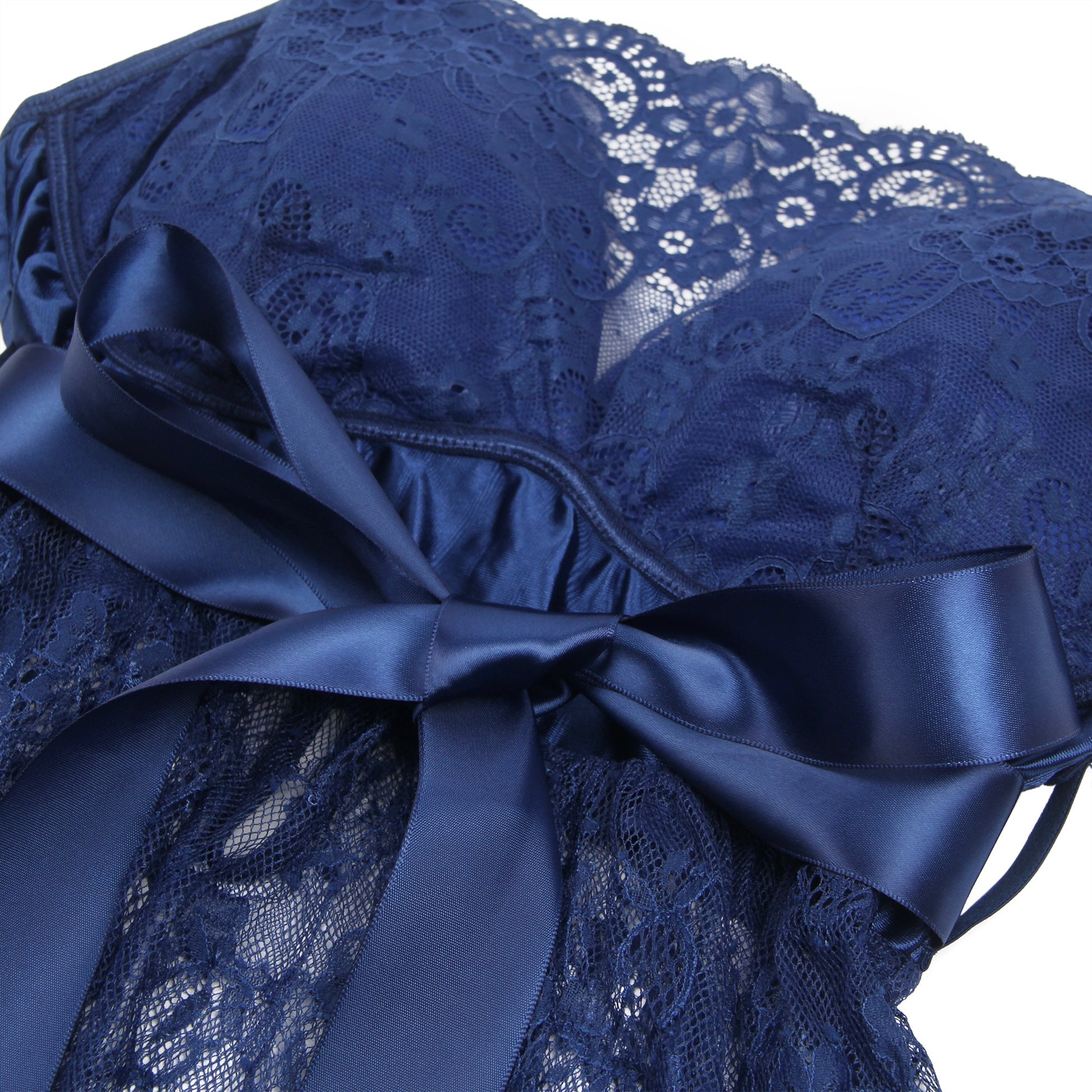 Blue Eyelash Lace Babydoll with Padded Cups, Wave Hem, Underbust Ribbon Bow & T - Back Set - TeaseFashion