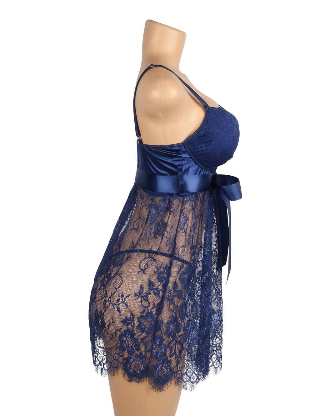 Blue Eyelash Lace Babydoll with Padded Cups, Wave Hem, Underbust Ribbon Bow & T - Back Set - TeaseFashion