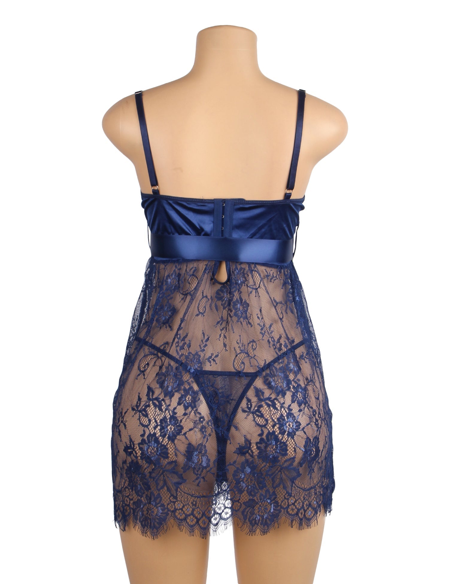 Blue Eyelash Lace Babydoll with Padded Cups, Wave Hem, Underbust Ribbon Bow & T - Back Set - TeaseFashion