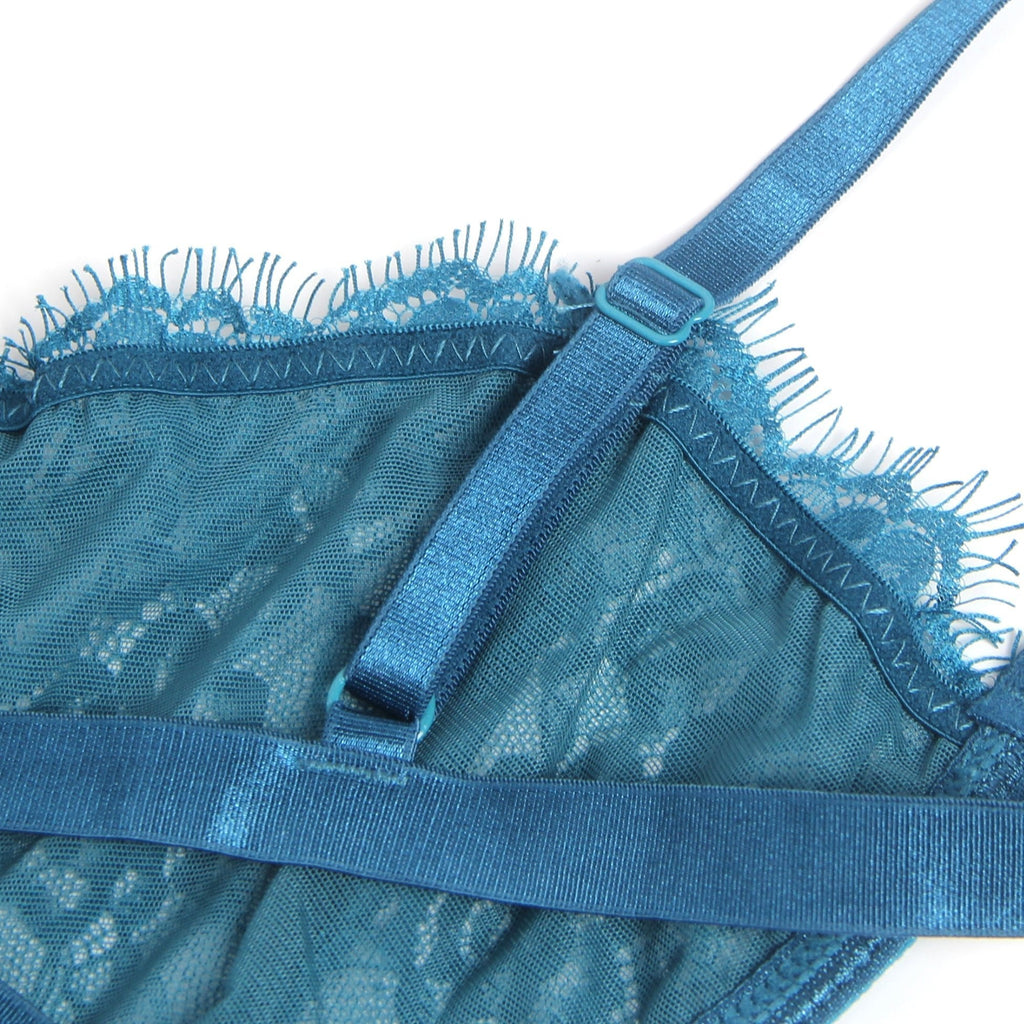 Blue Eyelash Lace Bra Set – Underwire & Elastic Underbust Band - TeaseFashion