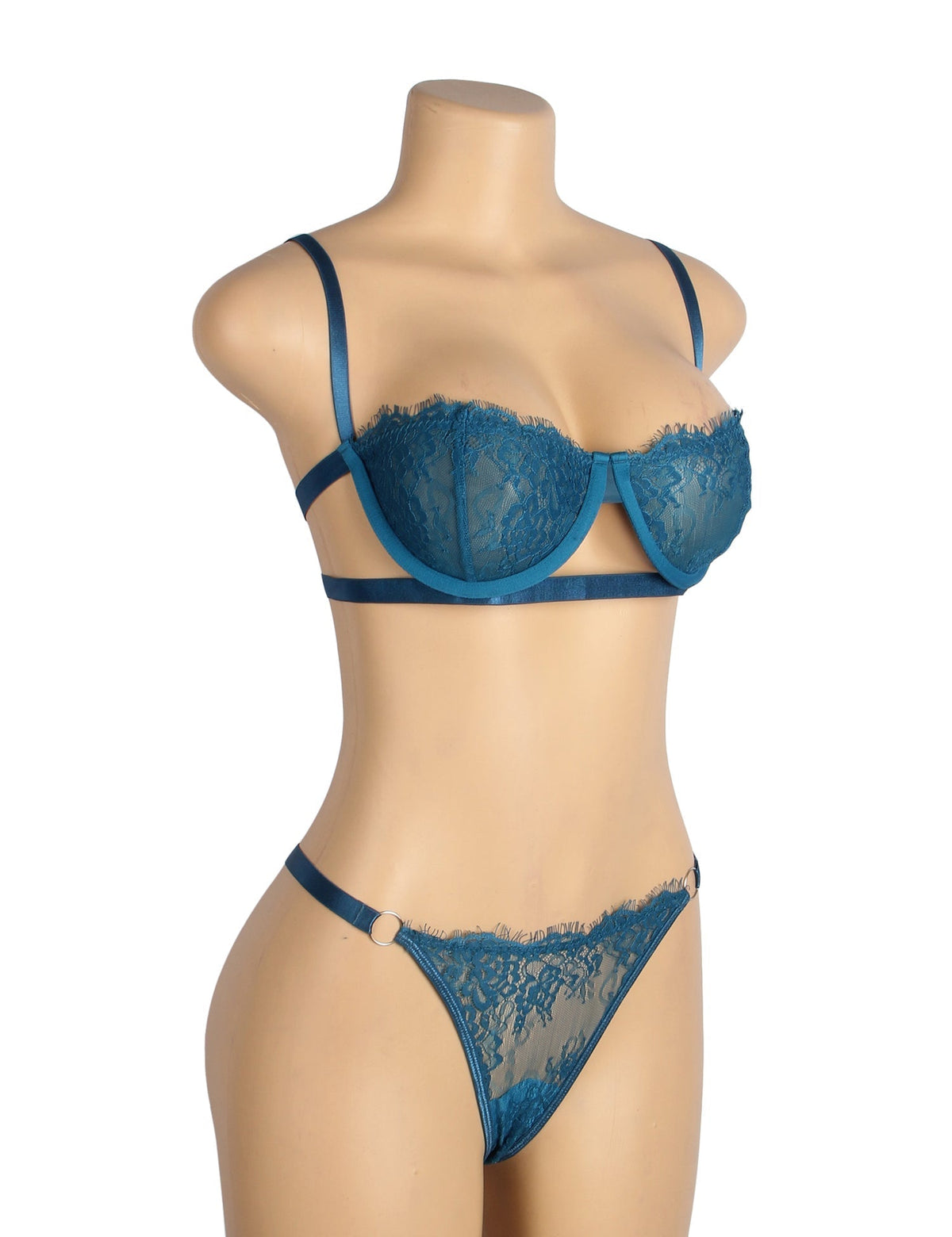 Blue Eyelash Lace Bra Set – Underwire & Elastic Underbust Band - TeaseFashion