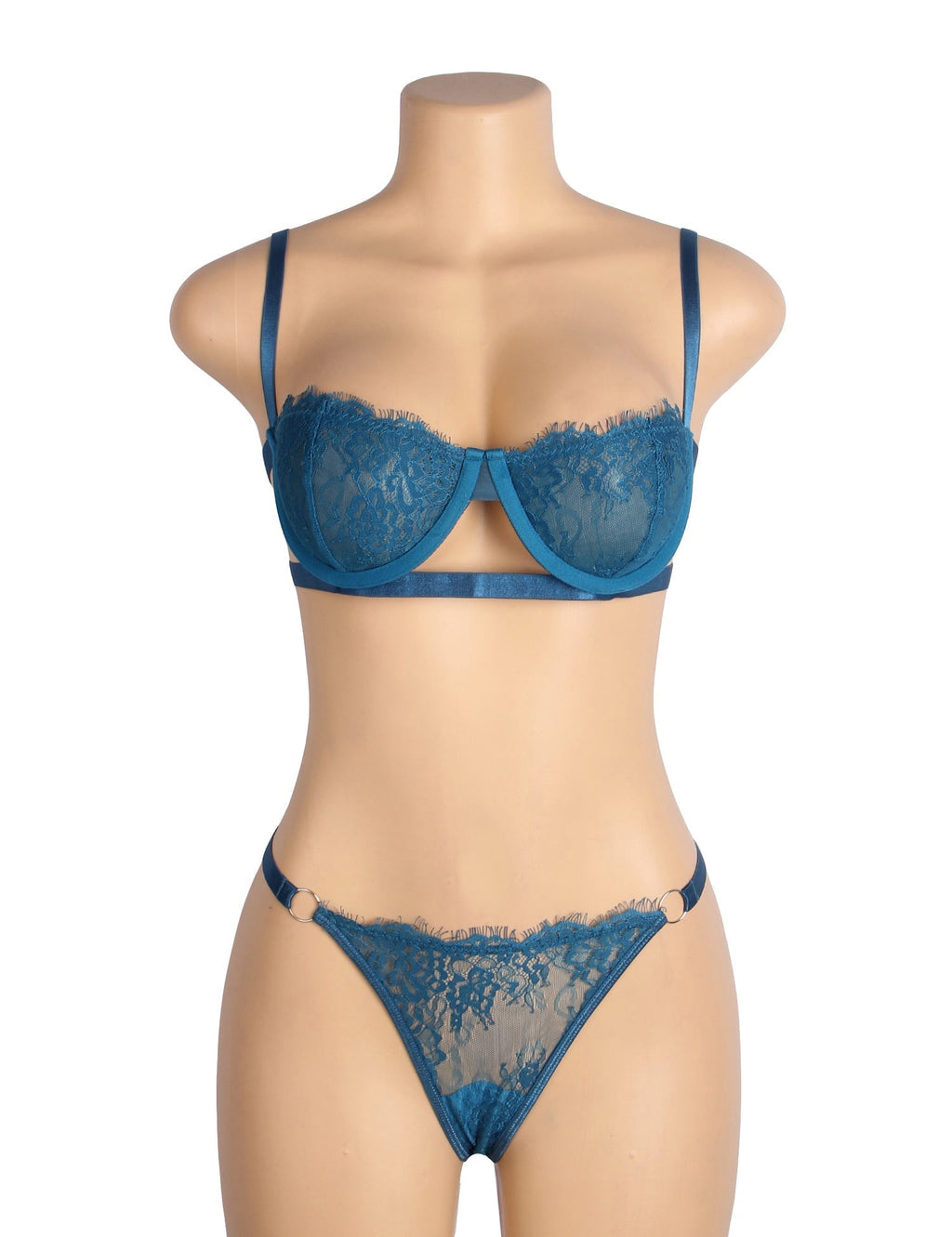 Blue Eyelash Lace Bra Set – Underwire & Elastic Underbust Band - TeaseFashion