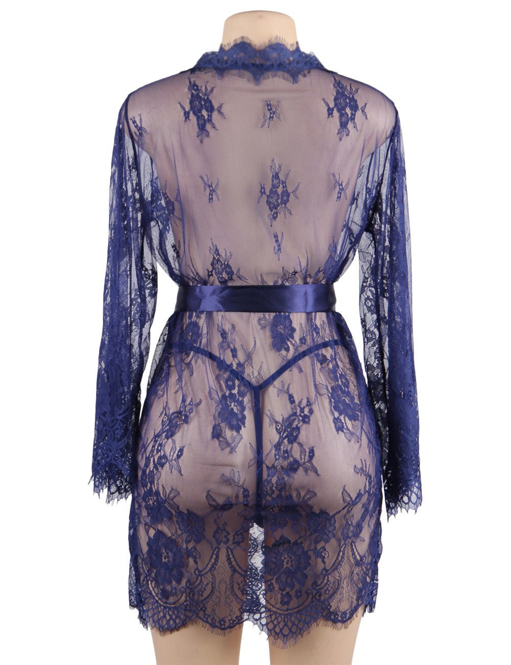 Blue Eyelash Lace Chemise – Wavy Lace Button Placket, Wide Sleeves, Faux Silk Waistband & Thong - TeaseFashion