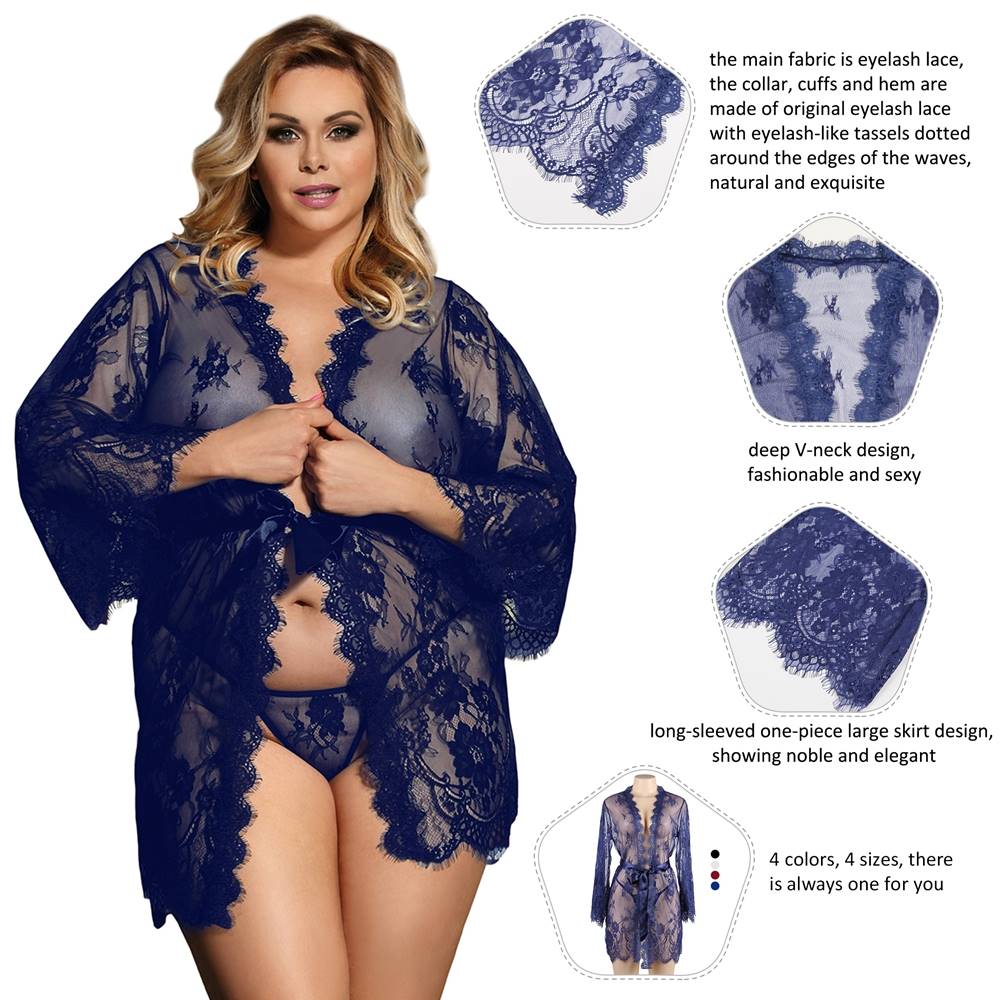 Blue Eyelash Lace Chemise – Wavy Lace Button Placket, Wide Sleeves, Faux Silk Waistband & Thong - TeaseFashion
