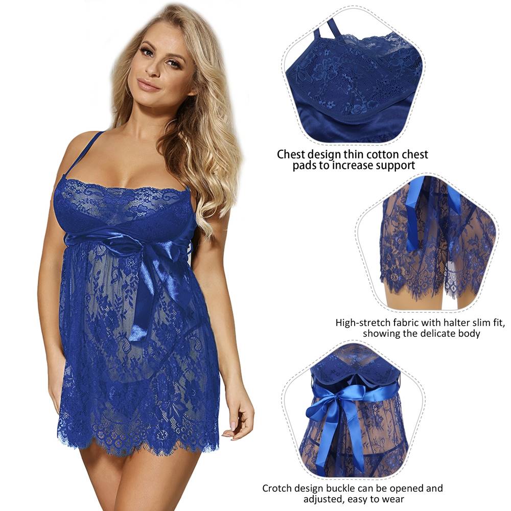 Blue Eyelash Lace Padded Babydoll with Bow - Detail Waist Belt & G - String Set - TeaseFashion