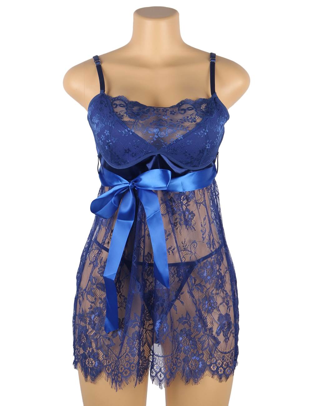 Blue Eyelash Lace Padded Babydoll with Bow - Detail Waist Belt & G - String Set - TeaseFashion