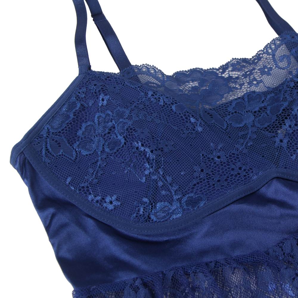 Blue Eyelash Lace Padded Babydoll with Bow - Detail Waist Belt & G - String Set - TeaseFashion