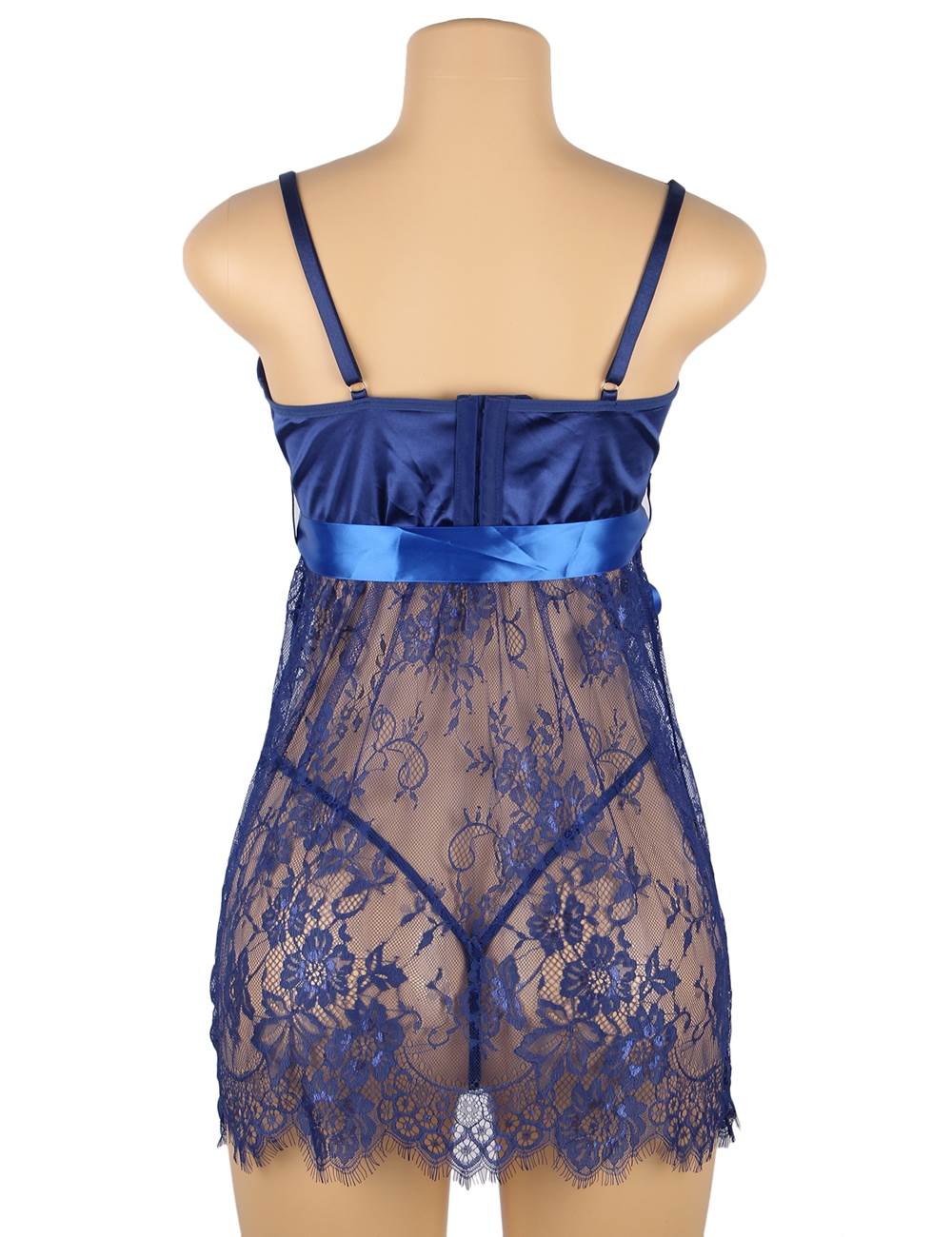 Blue Eyelash Lace Padded Babydoll with Bow - Detail Waist Belt & G - String Set - TeaseFashion