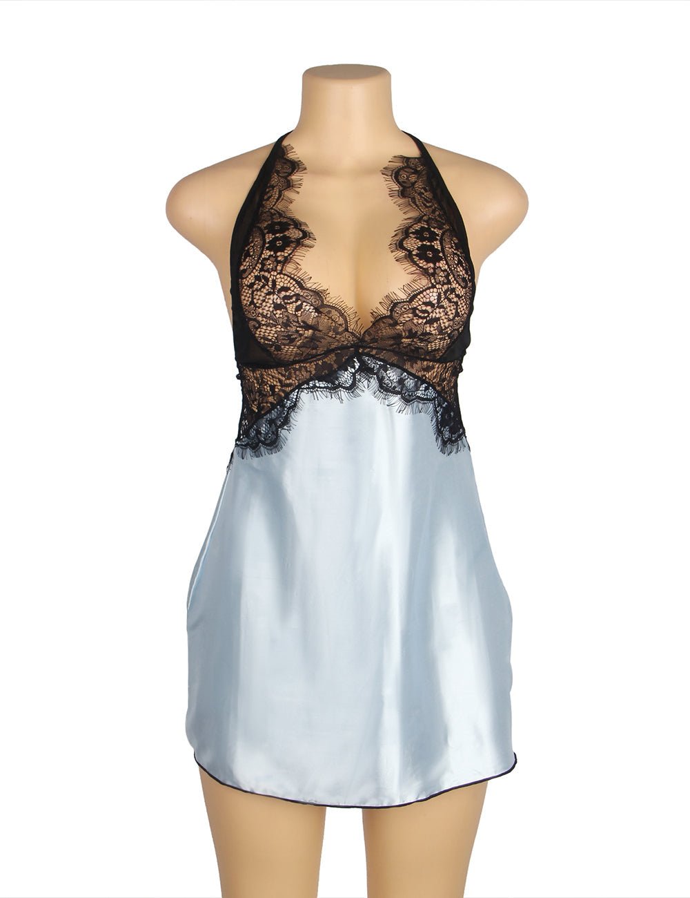 Blue Imitation Silk & Eyelash Lace Halter Lingerie Dress with Open Back & Sheer Mesh Hem - TeaseFashion