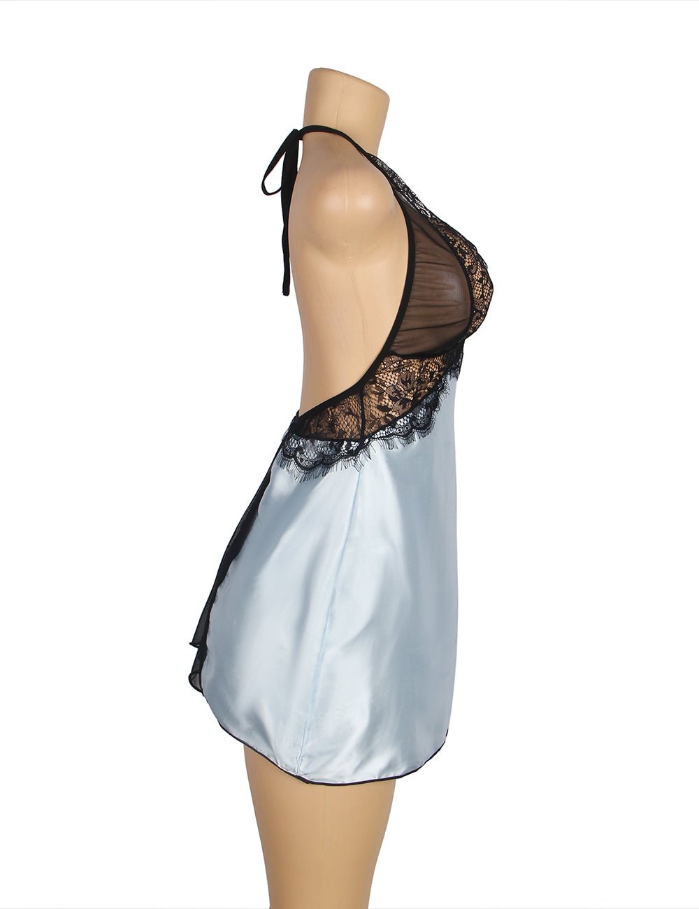 Blue Imitation Silk & Eyelash Lace Halter Lingerie Dress with Open Back & Sheer Mesh Hem - TeaseFashion