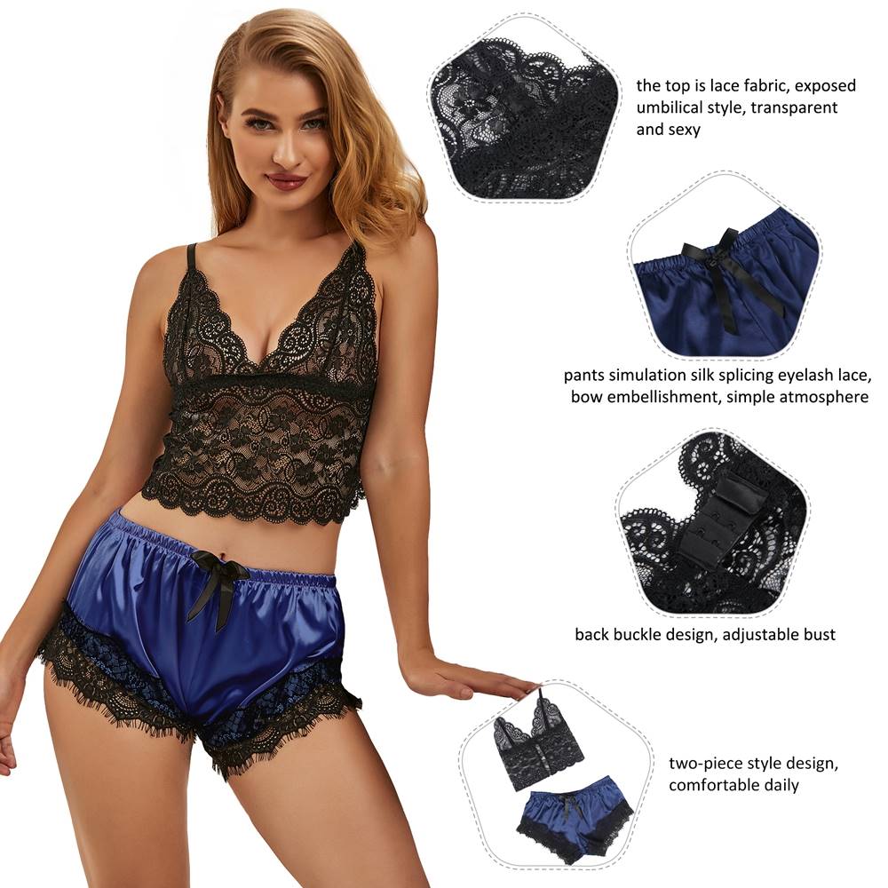 Blue Lace Camisole & Satin - Finish Eyelash Lace Pyjama Set – Cropped Top with Butterfly Knot Pants - TeaseFashion