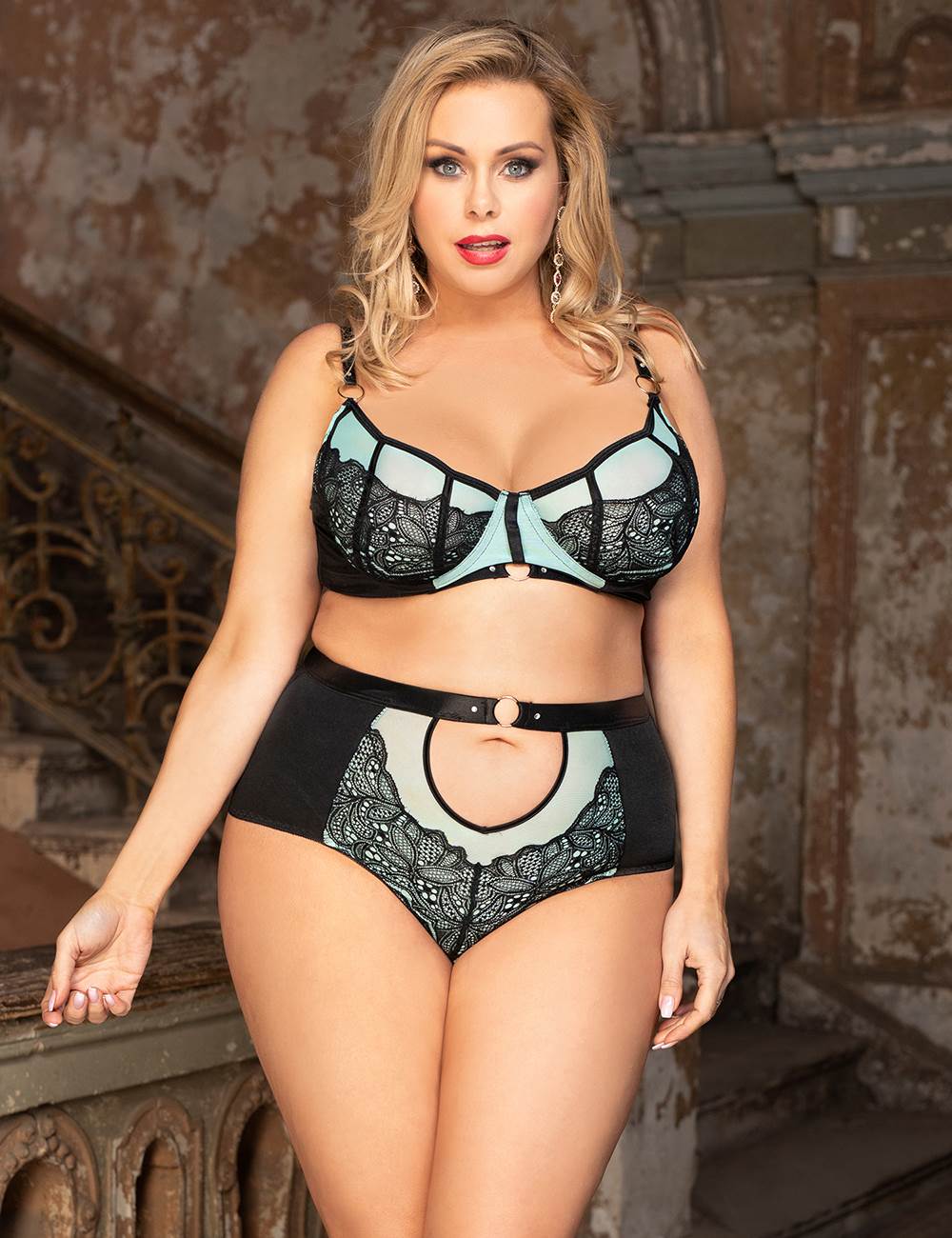 Blue Lace & Mesh Splice Bra Set – Underwire, Rhinestone Clasps, High Waist & Wide Elastic Band - TeaseFashion