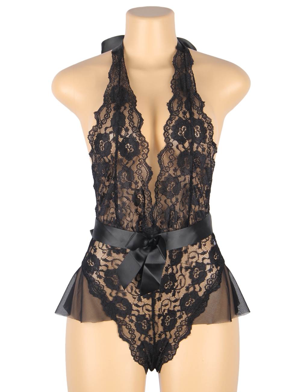 Blue Lace Mesh Teddy – Deep V Halter Neck, Ruffle Hem & Detachable Satin Bow Waistband - TeaseFashion