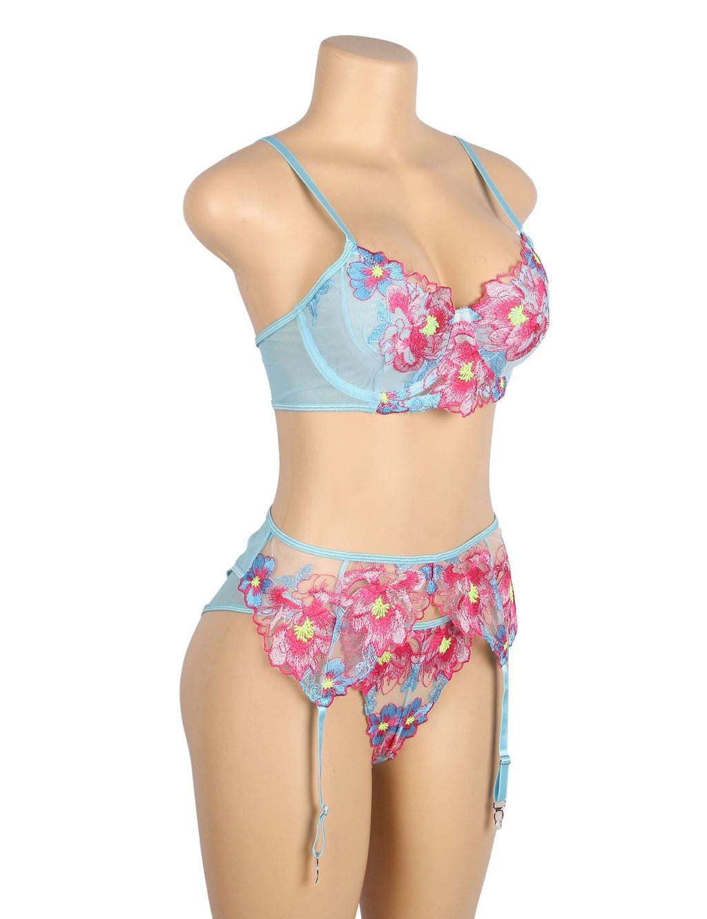 Blue Mesh 3D Floral Embroidery Bra Garter Set – Colourful & Underwire - TeaseFashion