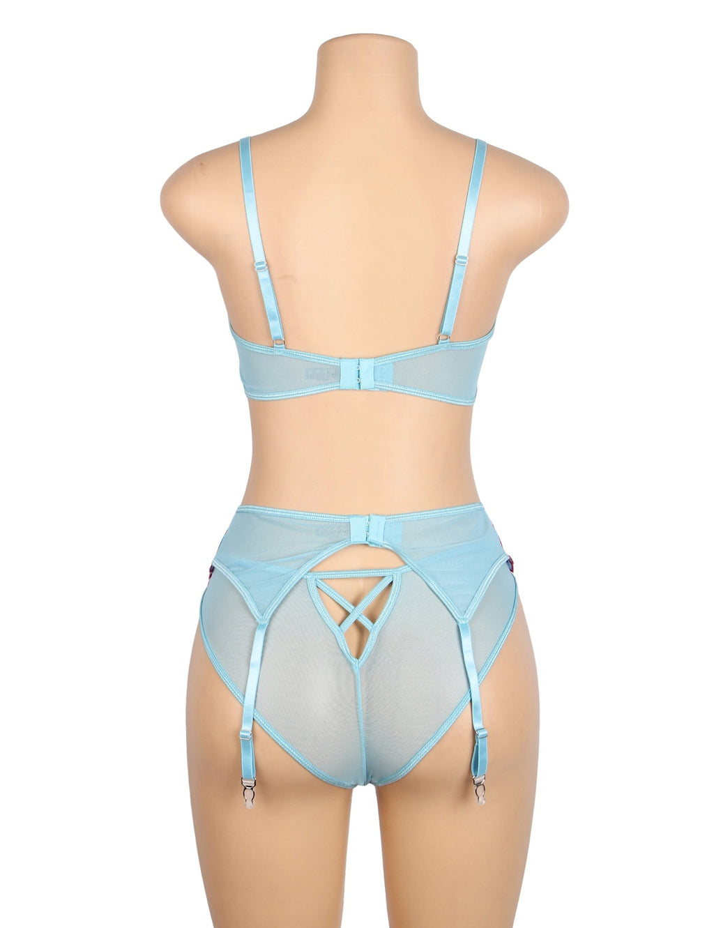 Blue Mesh 3D Floral Embroidery Bra Garter Set – Colourful & Underwire - TeaseFashion