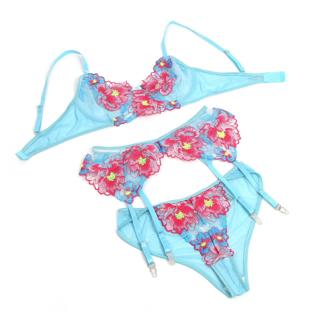 Blue Mesh 3D Floral Embroidery Bra Garter Set – Colourful & Underwire - TeaseFashion