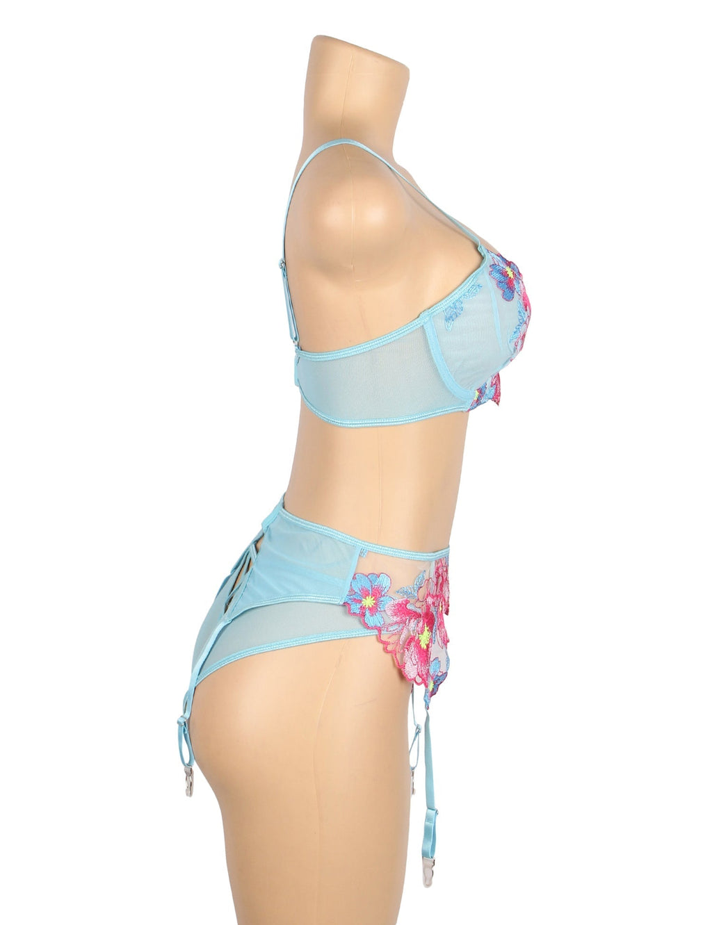 Blue Mesh 3D Floral Embroidery Bra Garter Set – Colourful & Underwire - TeaseFashion