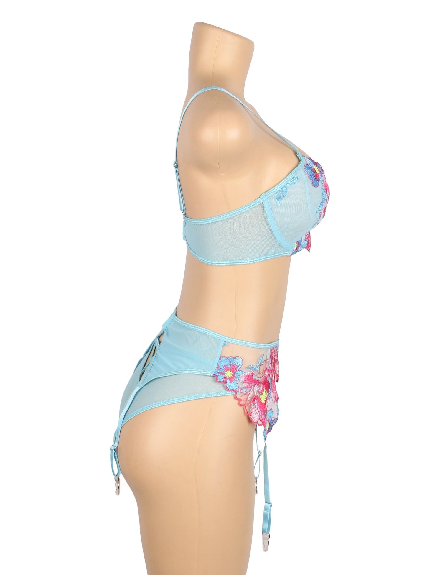 Blue Mesh 3D Floral Embroidery Bra Garter Set – Colourful & Underwire - TeaseFashion
