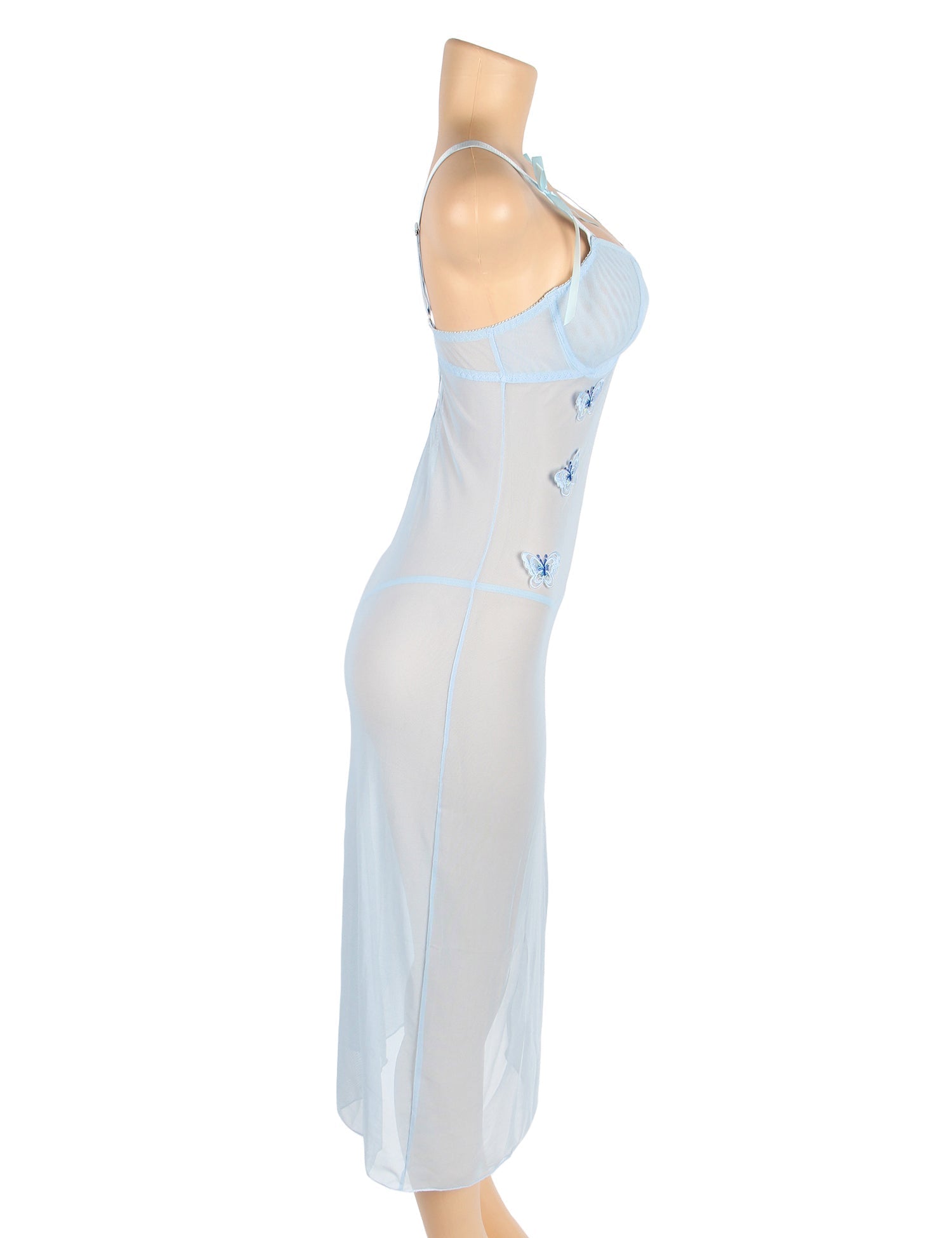 Blue Mesh Camisole Dress – Ribbon Bow Straps, Underwired, 3D Bows & Front Slit - TeaseFashion