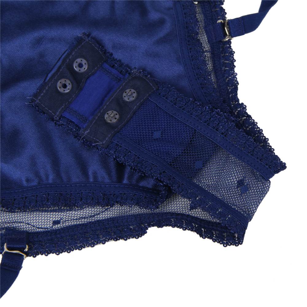 Blue Mesh Teddy – Eyelash Lace Bust, Satin Criss - Cross Straps, Adjustable Back & Garter Belt - TeaseFashion
