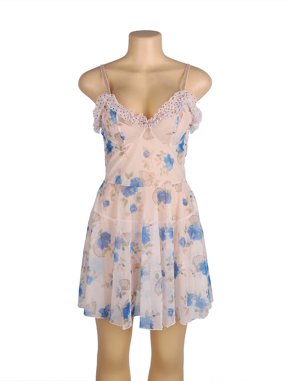 Blue Printed Mesh Babydoll with Ruffle & Polka Dot Cup Detail, Adjustable Straps & Thong Set - TeaseFashion