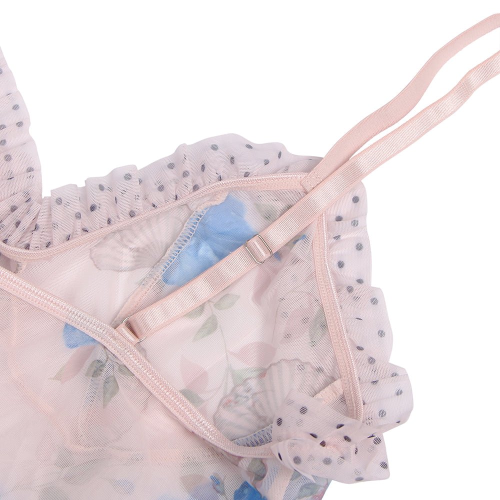 Blue Printed Mesh Babydoll with Ruffle & Polka Dot Cup Detail, Adjustable Straps & Thong Set - TeaseFashion