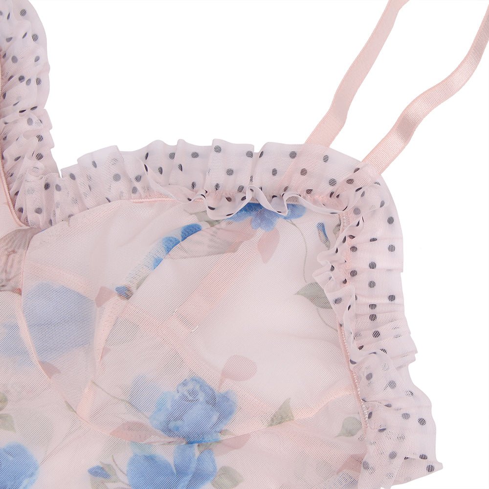 Blue Printed Mesh Babydoll with Ruffle & Polka Dot Cup Detail, Adjustable Straps & Thong Set - TeaseFashion