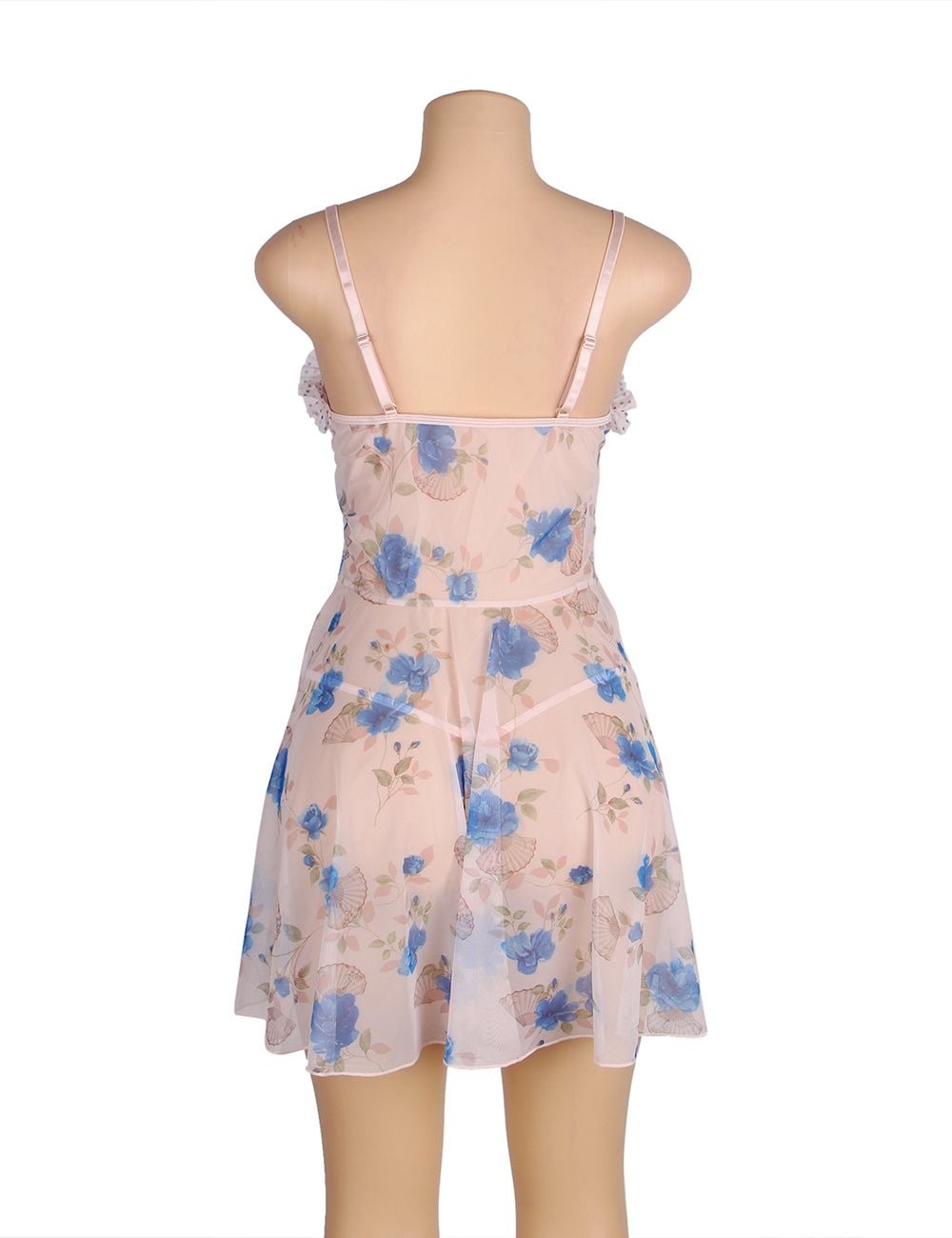 Blue Printed Mesh Babydoll with Ruffle & Polka Dot Cup Detail, Adjustable Straps & Thong Set - TeaseFashion