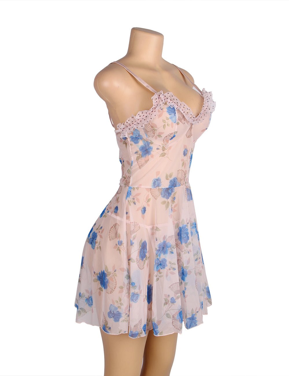 Blue Printed Mesh Babydoll with Ruffle & Polka Dot Cup Detail, Adjustable Straps & Thong Set - TeaseFashion