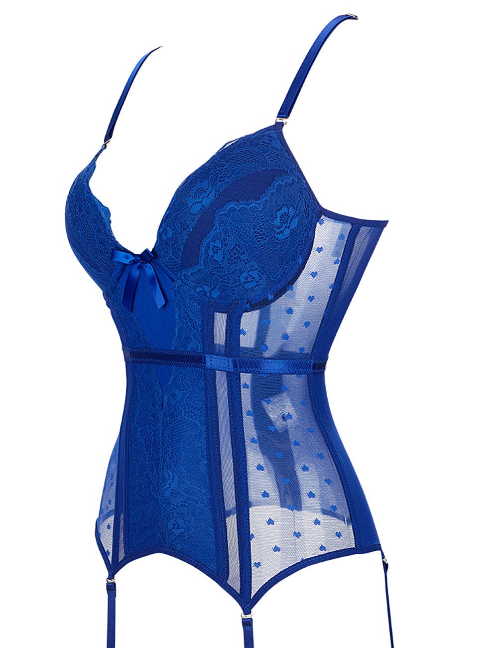 Blue Satin & Lace Corset – Steel - Boned Cups, Garter Straps & 8 Bones - TeaseFashion