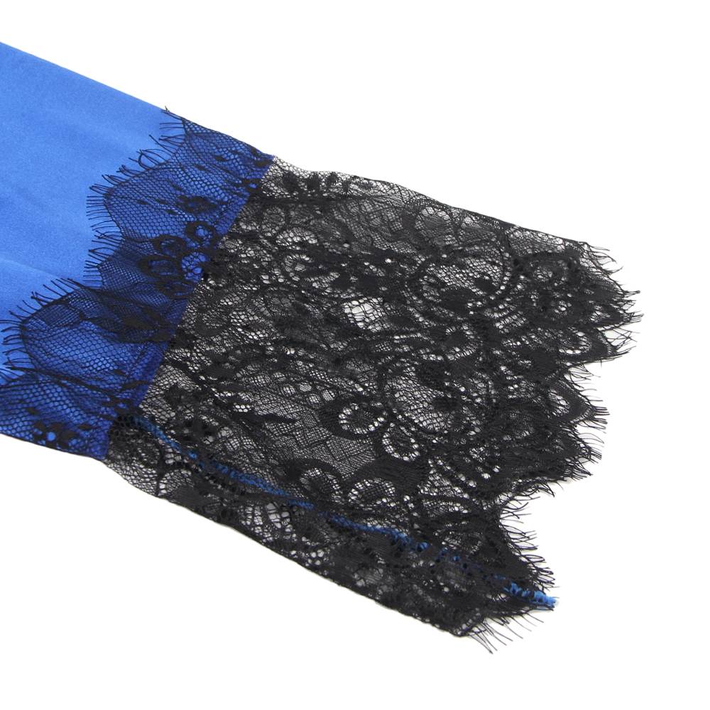 Blue Satin & Lace Open - Front Nightgown – Eyelash Lace Back & Cuffs, Internal Tie & Waist Belt - TeaseFashion