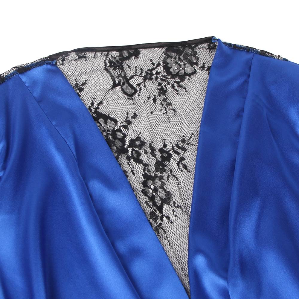 Blue Satin & Lace Open - Front Nightgown – Eyelash Lace Back & Cuffs, Internal Tie & Waist Belt - TeaseFashion