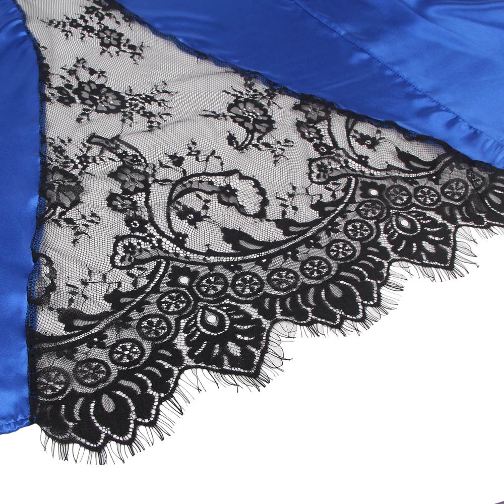Blue Satin & Lace Open - Front Nightgown – Eyelash Lace Back & Cuffs, Internal Tie & Waist Belt - TeaseFashion