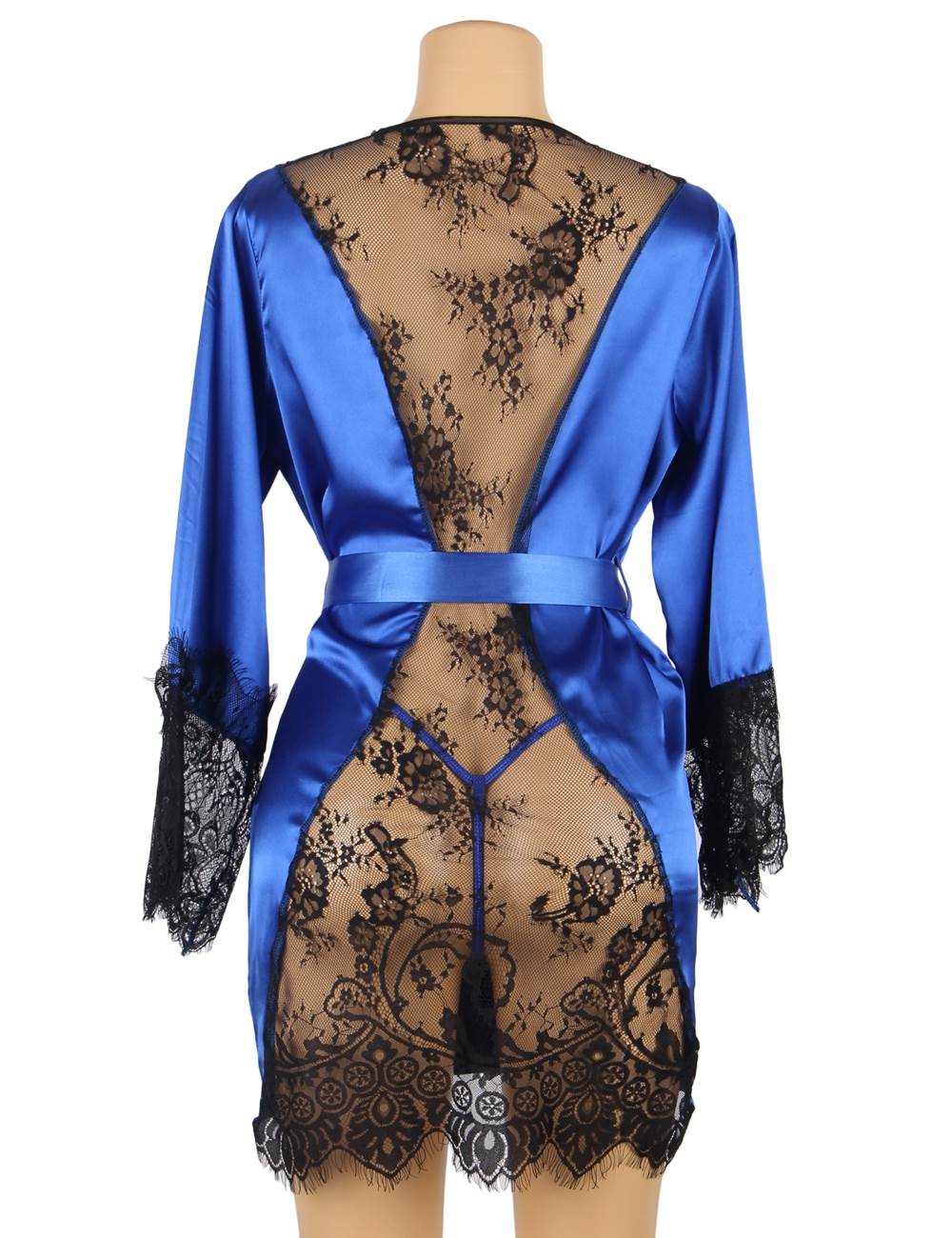 Blue Satin & Lace Open - Front Nightgown – Eyelash Lace Back & Cuffs, Internal Tie & Waist Belt - TeaseFashion