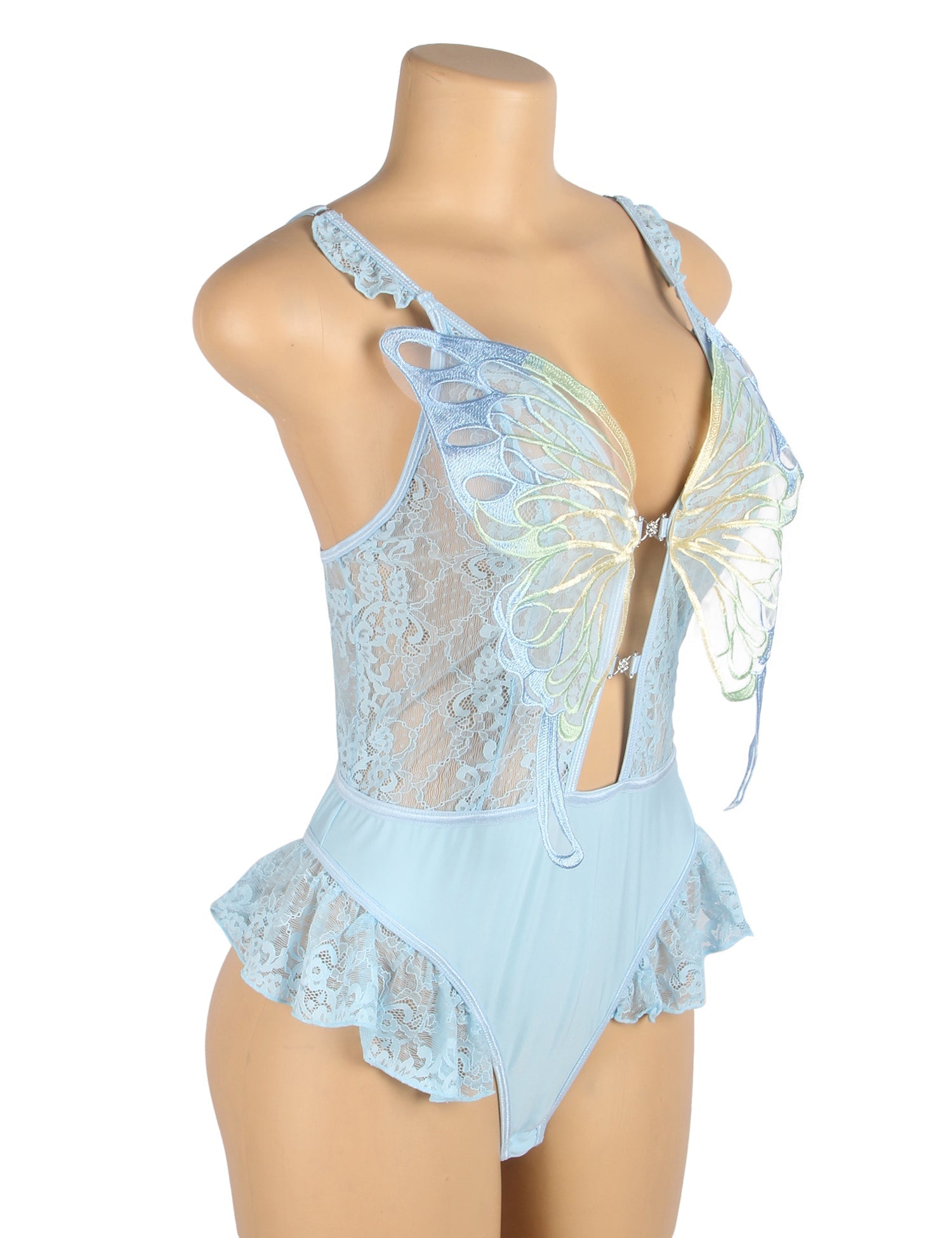 Blue Sexy Lace See Through Butterfly Bodysuit - TeaseFashion